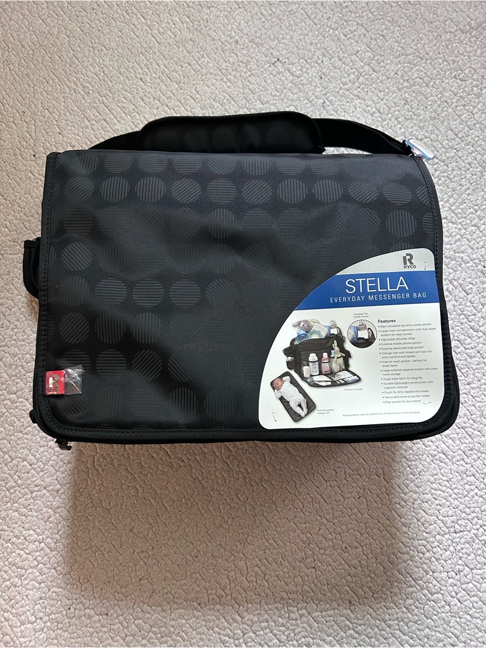 NWT STELLA Everyday Messenger Bag Diaper Bag- Black with Dot Pattern
